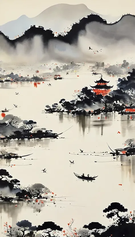 (abstract ink painting:1.5)，author:Wu Guanzhong,author:Wu Guanzhong，Wu Guanzhong的艺术风格，The fusion of Chinese ink painting and mod...