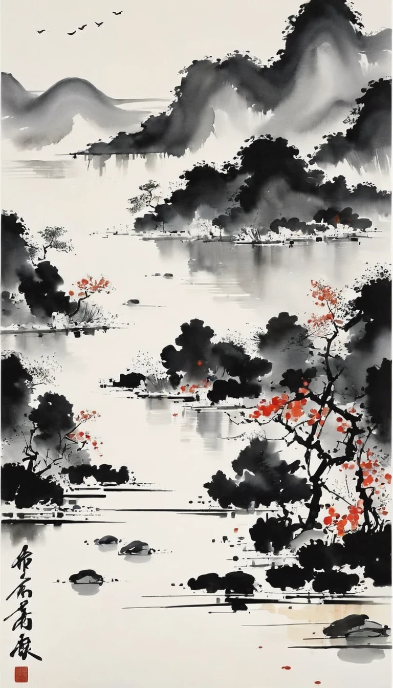 (pintura abstrata a tinta:1.5)，autor:Wu Guanzhong,autor:Wu Guanzhong，Estilo de arte de Wu Guanzhong，A fusão da pintura a tinta chinesa e da estética modernista，Linhas e formas simples, mas poderosas，minimalista，