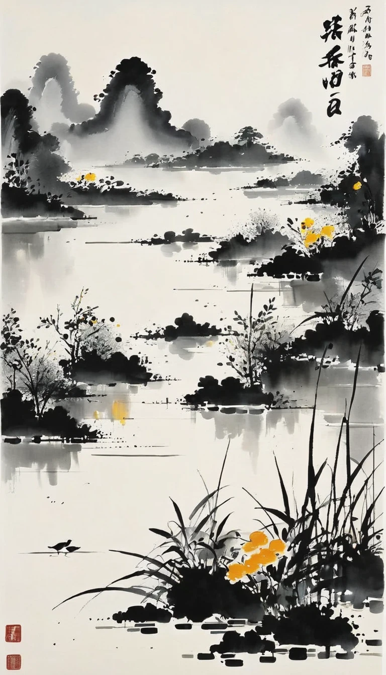 (pintura de tinta abstracta:1.5)，Autor:Wu Guanzhong,Autor:Wu Guanzhong，El estilo artístico de Wu Guanzhong，La fusión de la pintura con tinta china y la estética modernista，Líneas y formas simples pero poderosas.，minimalista，