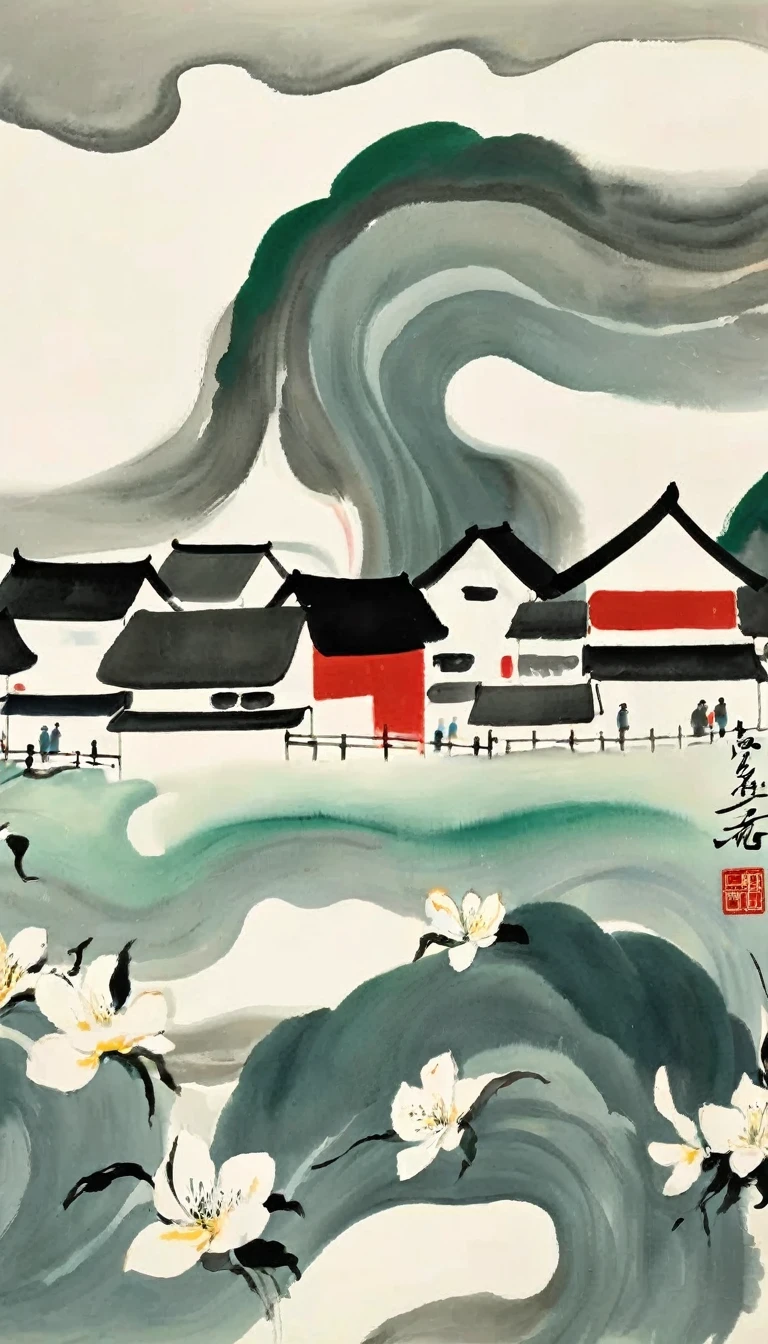 (abstract ink painting:1.5)，author:Wu Guanzhong,author:Wu Guanzhong，Wu Guanzhong的艺术风格，The fusion of Chinese ink painting and modernist aesthetics，Simple yet powerful lines and shapes，minimalist，