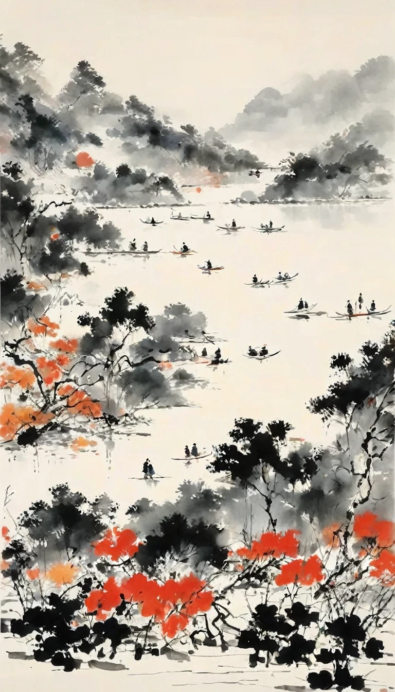 (pintura abstrata a tinta:1.5)，autor:Wu Guanzhong,autor:Wu Guanzhong，Estilo de arte de Wu Guanzhong，A fusão da pintura a tinta chinesa e da estética modernista，Linhas e formas simples, mas poderosas，minimalista，