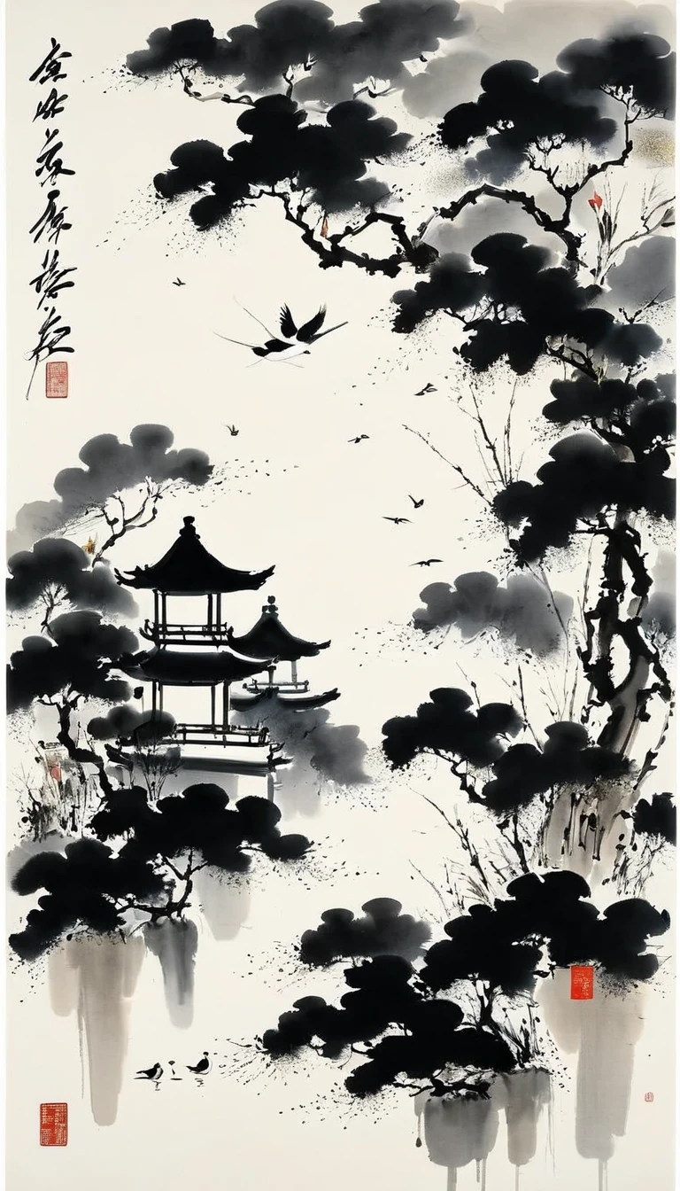 (pintura de tinta abstracta:1.5)，Autor:Wu Guanzhong,Autor:Wu Guanzhong，El estilo artístico de Wu Guanzhong，La fusión de la pintura con tinta china y la estética modernista，Líneas y formas simples pero poderosas.，minimalista，