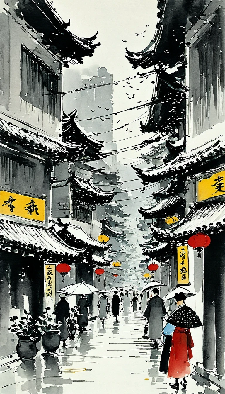 (抽象水墨画:1.5)，作者:Wu Guanzhong,作者:Wu Guanzhong，Wu Guanzhong的艺术风格，中国水墨与现代主义美学的融合，简单而有力的线条和形状，极简主义者，