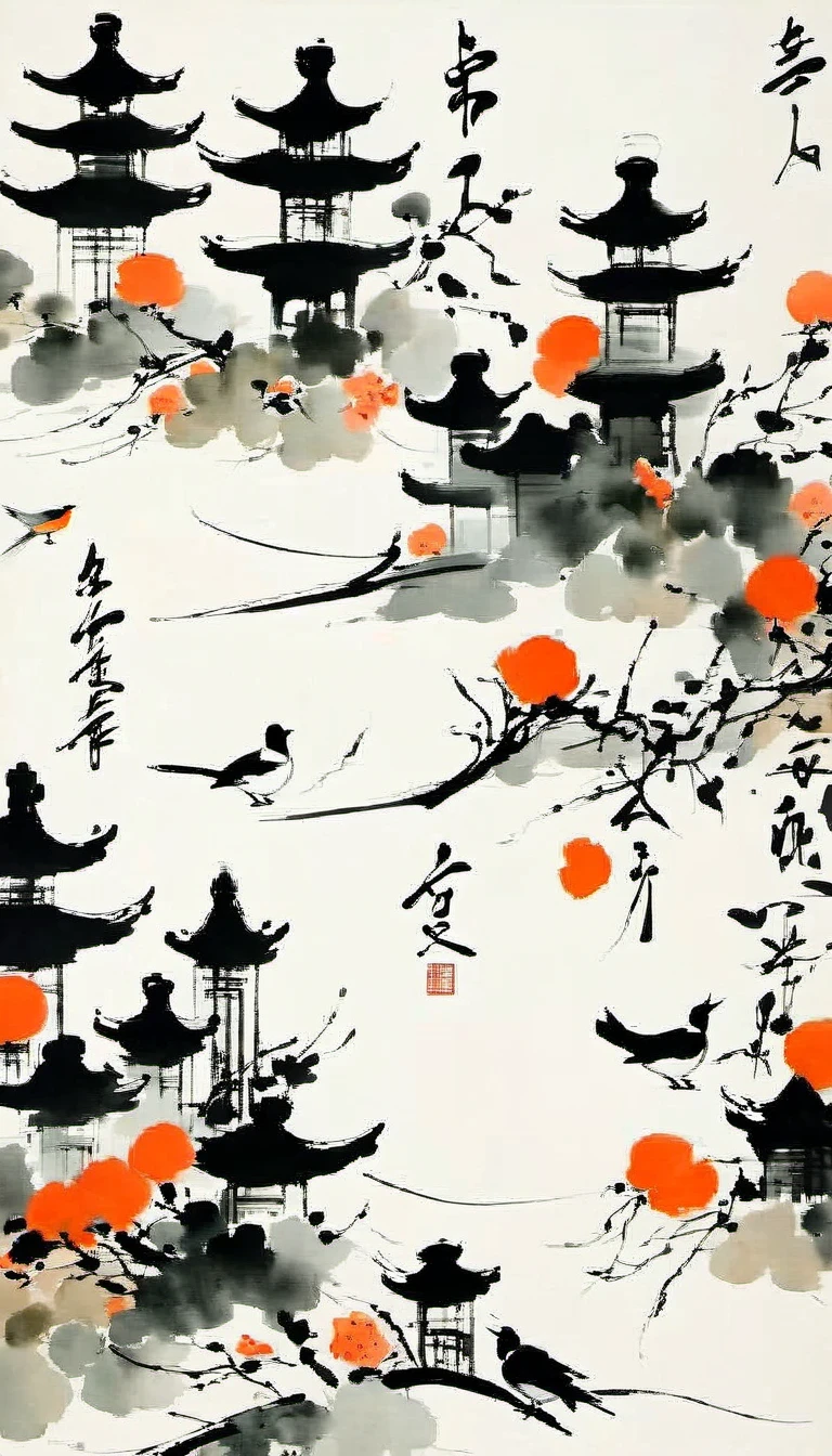 (abstract ink painting:1.5)，author:Wu Guanzhong,author:Wu Guanzhong，Wu Guanzhong的艺术风格，The fusion of Chinese ink painting and modernist aesthetics，Simple yet powerful lines and shapes，minimalist