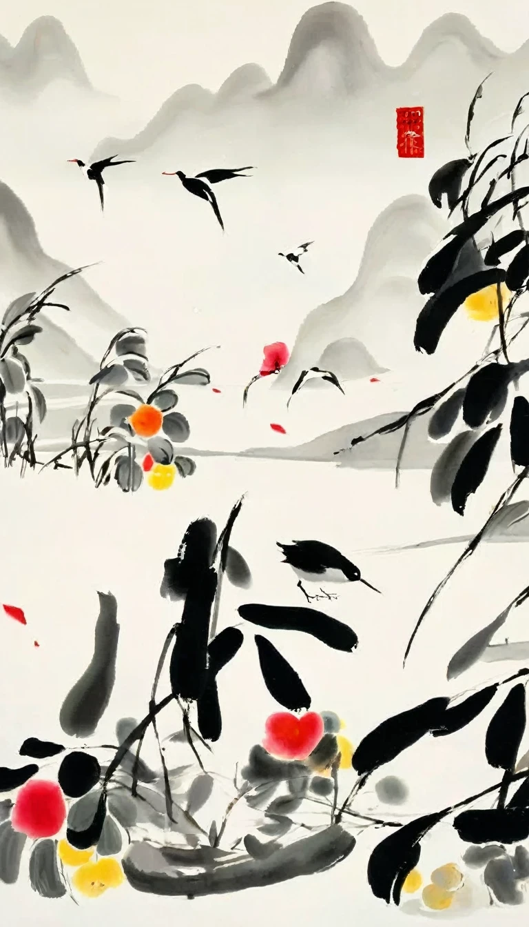 (abstract ink painting:1.5)，author:Wu Guanzhong,author:Wu Guanzhong，Wu Guanzhong的艺术风格，The fusion of Chinese ink painting and modernist aesthetics，Simple yet powerful lines and shapes，minimalist