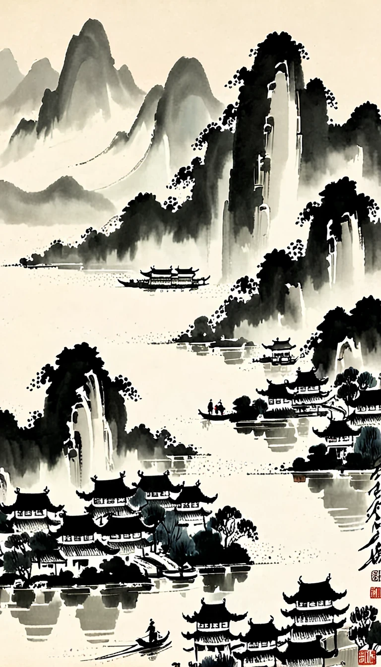 (abstrakt主义Malerei:1.5)，Wu Guanzhong,Autor:Wu Guanzhong，Nebel und Regen am Lijiang-Fluss，Draht，skizzieren，Malerei，ink，gongbi，Malerei，einfach，abstrakt，skizzieren，Bergdorf，Modernismus