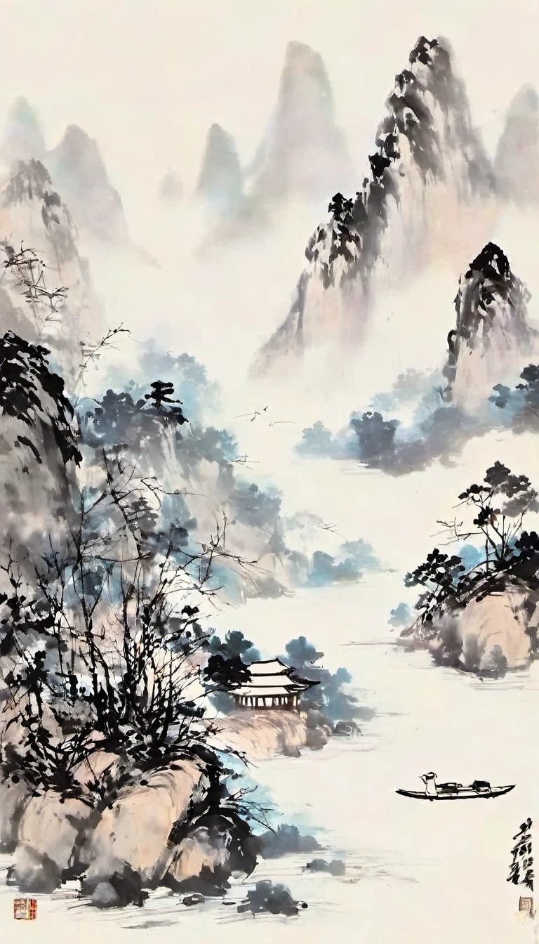 (Abstracto主义cuadro:1.5)，Autor:Wu Guanzhong，Niebla y lluvia del río Lijiang，cable，bosquejo，cuadro，Tinta，gongbi，cuadro，Simple，Abstracto，bosquejo，pueblo de montaña，modernism