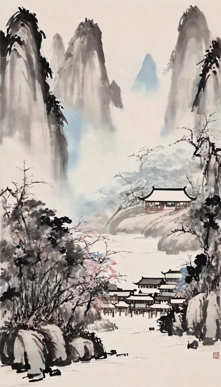 (Abstract painting:1.5)，author:Wu Guanzhong，Lijiang River mist and rain，Wire，sketch，painting，ink，gongbi，painting，simple，Abstract，sketch，mountain village，modernism