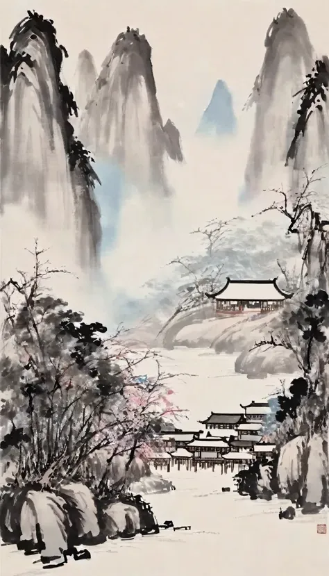 (Abstract主义painting:1.5)，author:Wu Guanzhong，Lijiang River mist and rain，Wire，sketch，painting，ink，gongbi，painting，simple，Abstrac...
