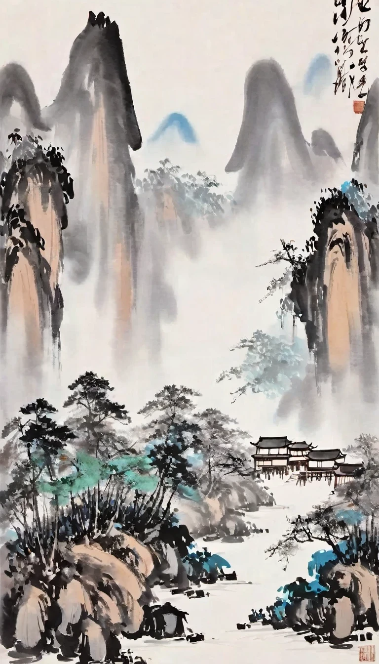 (abstrato主义pintura:1.5)，autor:Wu Guanzhong，Névoa e chuva do rio Lijiang，arame，esboço，pintura，tinta，Gongbi，pintura，simples，abstrato，esboço，aldeia de montanha，modernismo