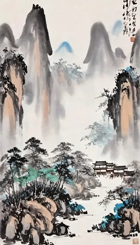 (Abstract主义painting:1.5)，author:Wu Guanzhong，Lijiang River mist and rain，Wire，sketch，painting，ink，gongbi，painting，simple，Abstrac...