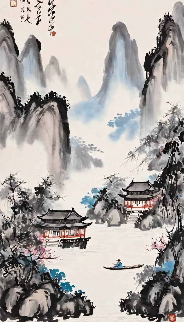 (Abstract painting:1.5)，author:Wu Guanzhong，Lijiang River mist and rain，Wire，sketch，painting，ink，gongbi，painting，simple，Abstract，sketch，mountain village，modernism