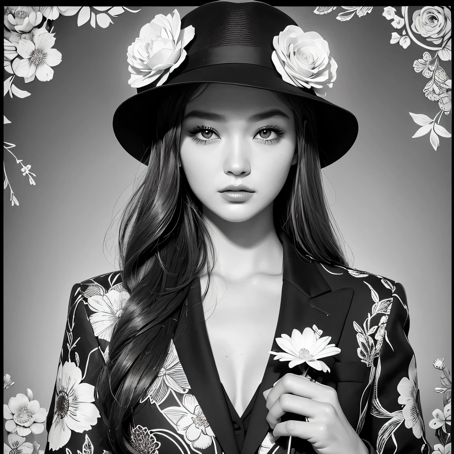 Black and white stick figure 1 girl with flowers,  lots of flowers in background, Office Suit , its fine ink line art, comic style, portrait of ploynesian girl, Gigi Hadid Hollywood glam, hand holding A GUN, Wearing Fedora Hat, beautiful line art, black and white comic style, realistic, ink drawing, black and white coloring,