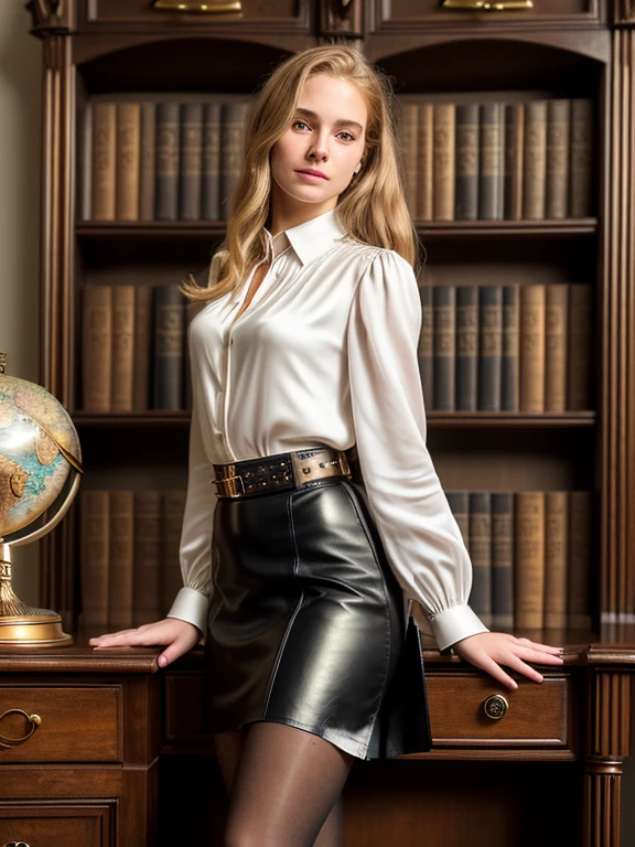 Full length portrait, Realistic, Photorealistic, high quality, raw photo, depth of field, 35mm, film grain, analog photo style, isometric, Realistic bokeh, detailed face with delicate facial features, (beautiful 18 y o. woman with golden hair in the cabinet with bookcase and big steampunk globe), (she has a thin waist and dressed in black narrow fitted skirt, white blouse and small leather boots), looking very elegance and sexy, natural relaxed posture, faded film colors, cinematic light, silk satin blouse, leather skirt, fit, gorgeous, black pantyhose