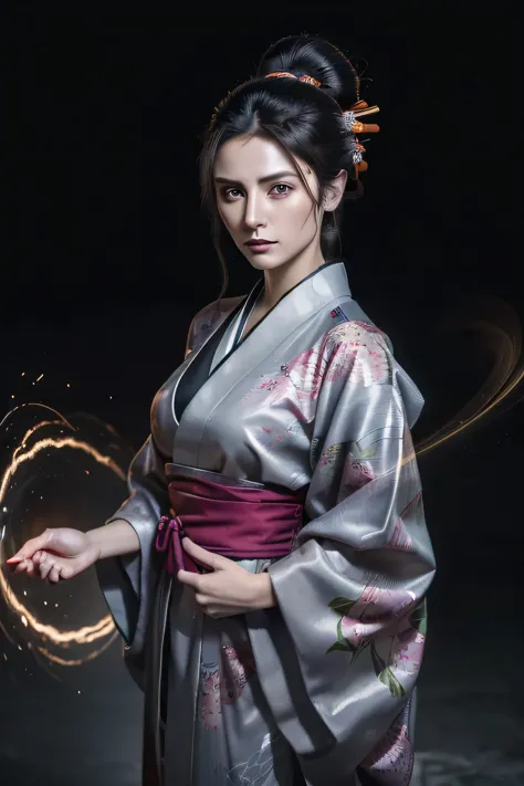 (dramatic digital artwork:1.3) of,(full of energy:1.3) portrait of female (Snezana Sakovic 2:1.1) wearing a kimono, Style-Silva ...