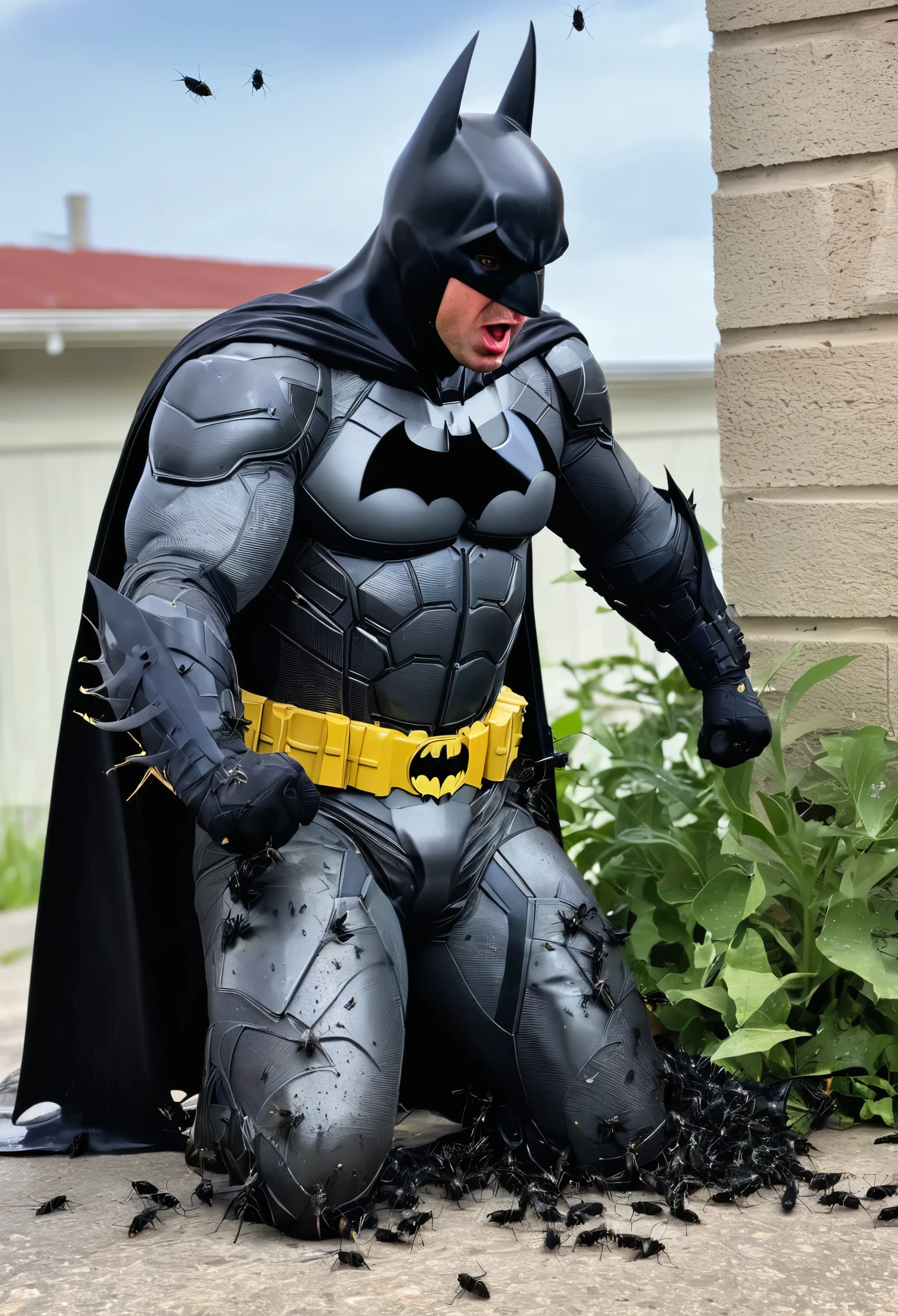 Batman got eaten by flies. He had to fight back with anything.