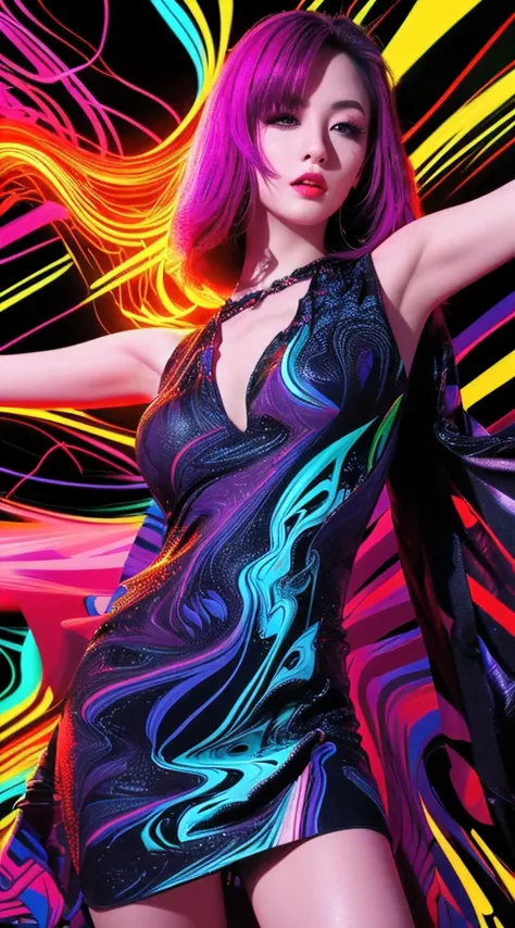(masutepiece, of the highest quality, Best Quality, Official art, Beautiful and aesthetic:1.2), (1girl in:1.3), Extremely detailed,(Fractal Art:1.2),Colorful,highest details,( Zentangle Neon:1.2), (Dynamic Pose), (Abstract background neon:1.5), (Congressio...