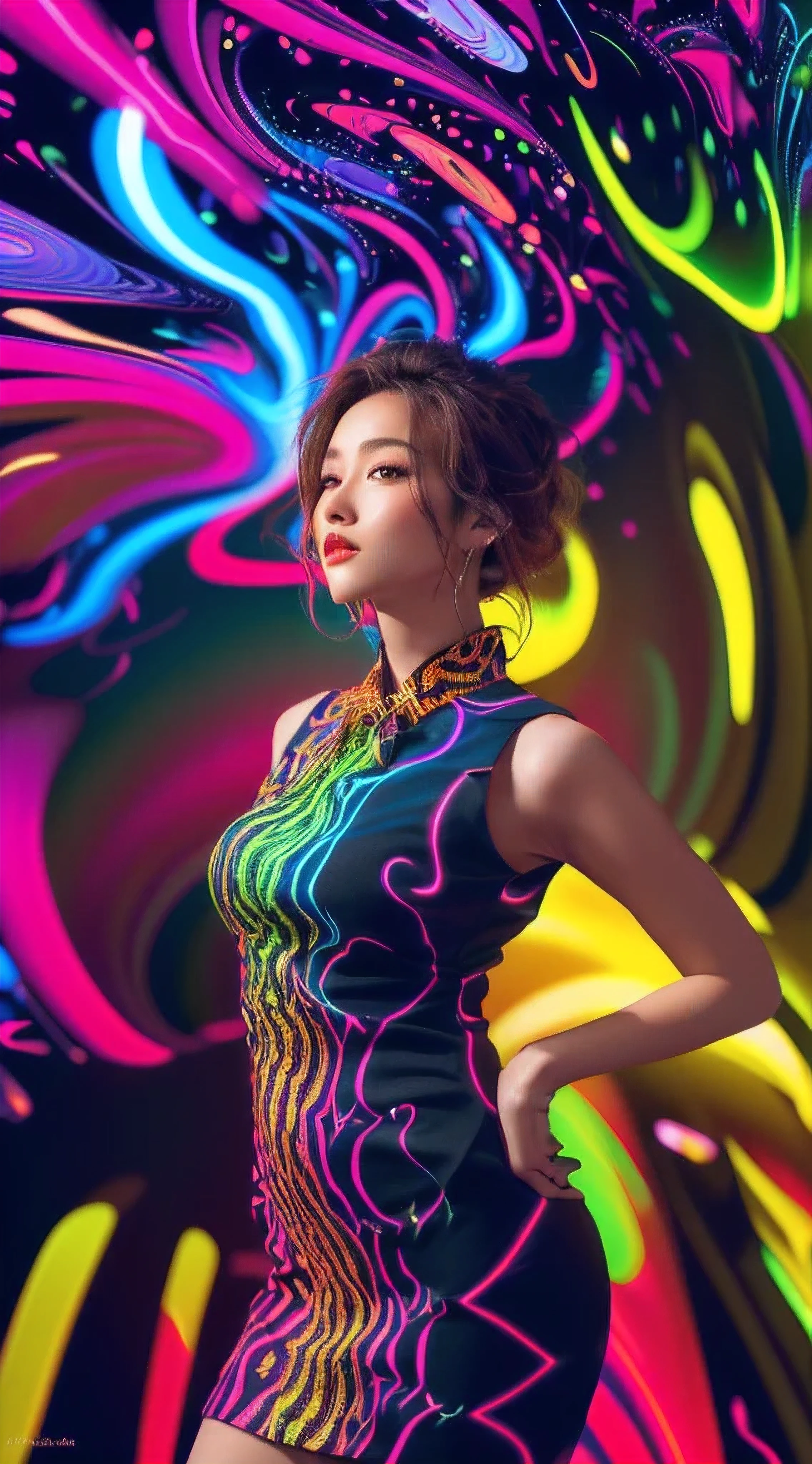 (masutepiece, of the highest quality, Best Quality, Official art, Beautiful and aesthetic:1.2), (1girl in:1.3), Extremely detailed,(Fractal Art:1.2),Colorful,highest details,( Zentangle Neon:1.2), (Dynamic Pose), (Abstract background neon:1.5), (Congressional Dresses:1.2), (Shiny skin), (Many colors:1.4), half body , medium breast, neons,16 K,Full-HD