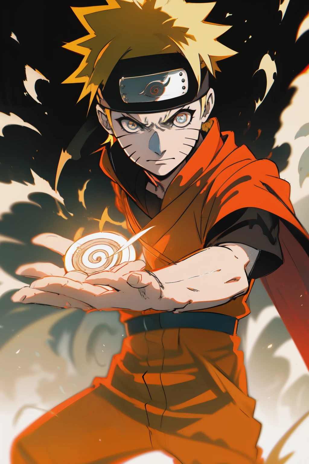 LES, obra de arte, fundo detalhado, (estilo mksks:0.9), Sketch BREAK,obra de arte best quality 1boy,Naruto, dynamic action pose, orange jumpsuit, flowing black and red cloak, intense and determined expression, Rasengan forming in the hand, Efeitos de energia vibrante, high contrast lighting, sharp focus, Cena no meio da batalha, marcas de bigode nas bochechas, Leaf Village Headband, estilo anime, Perspectiva aproximada