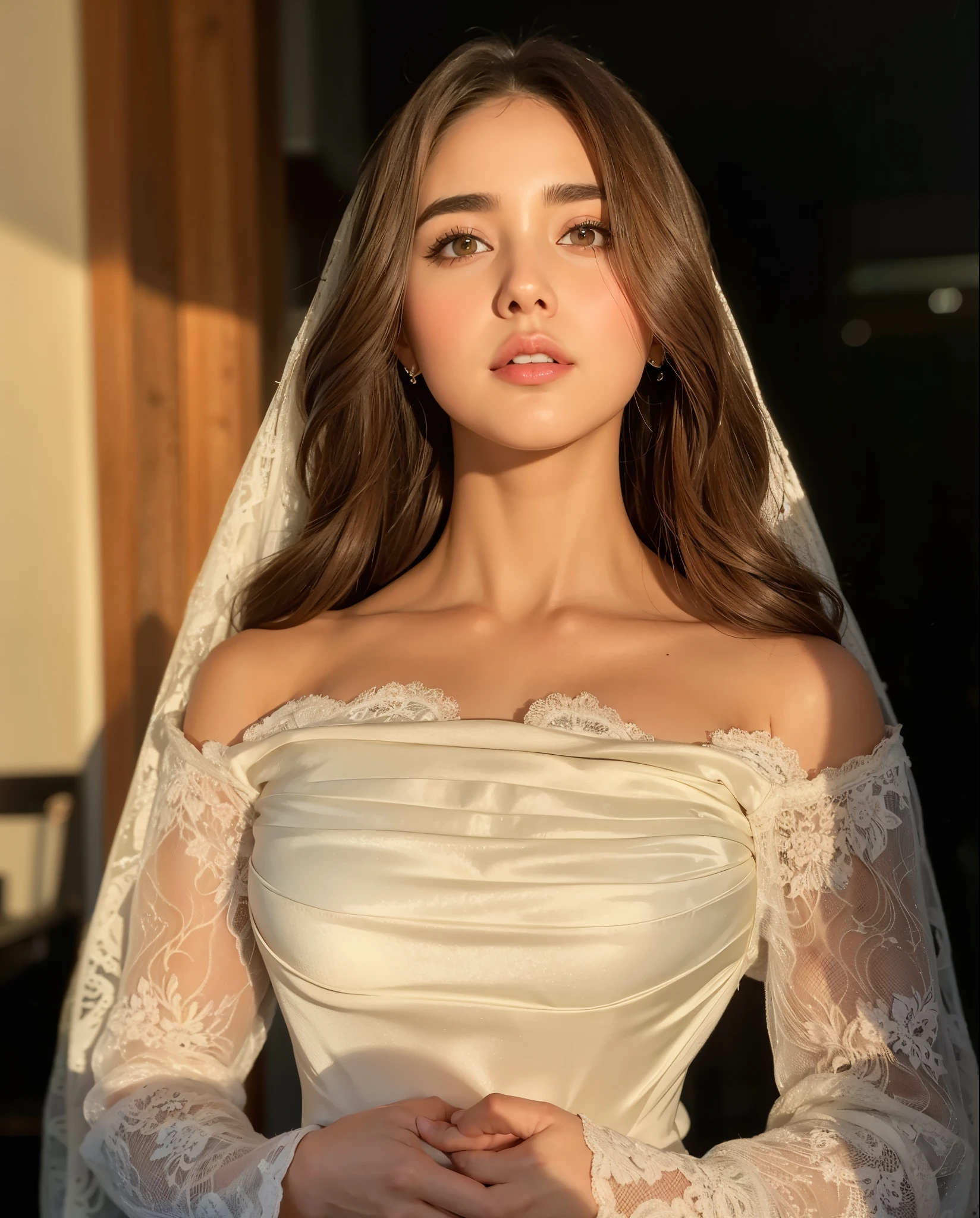 A woman in a wedding dress posing for a picture - SeaArt AI