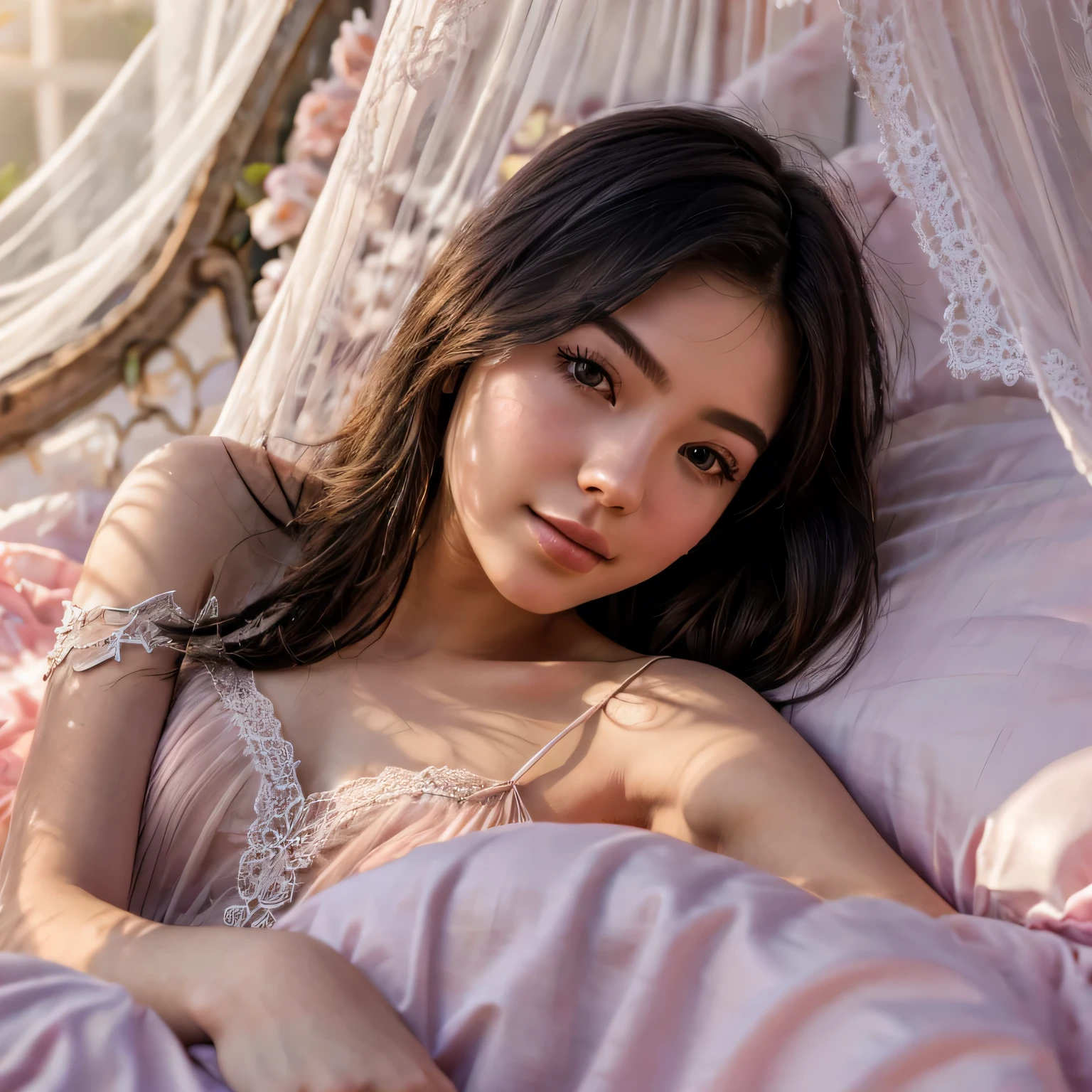 1girl,(bright lighting,romantic setting),dreamy background,,dark hair, mesmerizing gaze, , soft skin, alluring beauty, artistic portrait, high-quality image, vibrant colors,translucent long silk gown, mosquito net, lying down, romantic bedroom, 