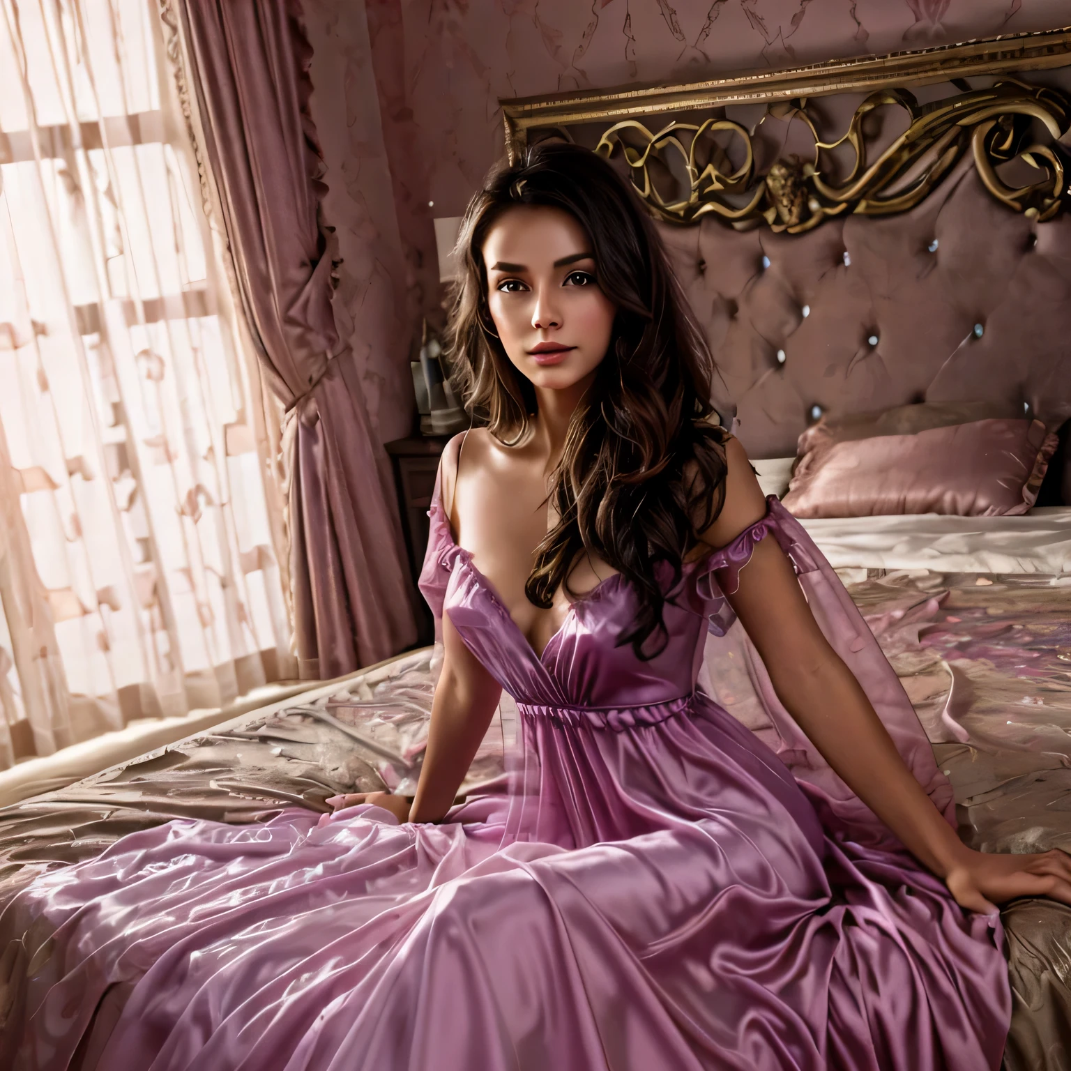 1girl,(bright lighting,romantic setting),dreamy background,,dark hair, mesmerizing gaze, , soft skin, alluring beauty, artistic portrait, high-quality image, vibrant colors,translucent long silk gown, mosquito net, lying down, romantic bedroom, 