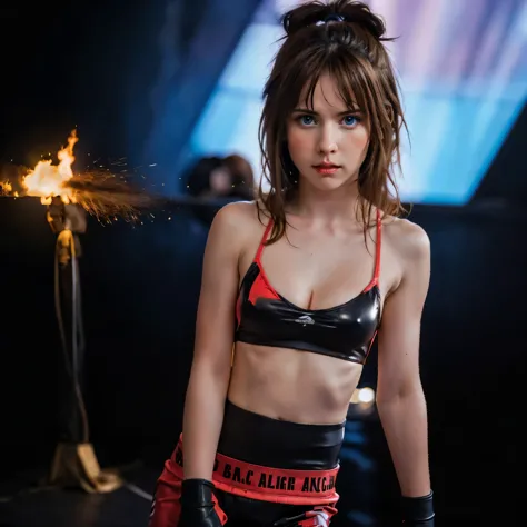 boxing style woman, belligerent attitude, beautiful woman, white skin, brown hair and blue eyes, slightly angry expression, prec...