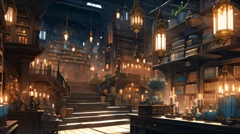 fantasy interior of library, night time lots of items, bookshelfs, candles,