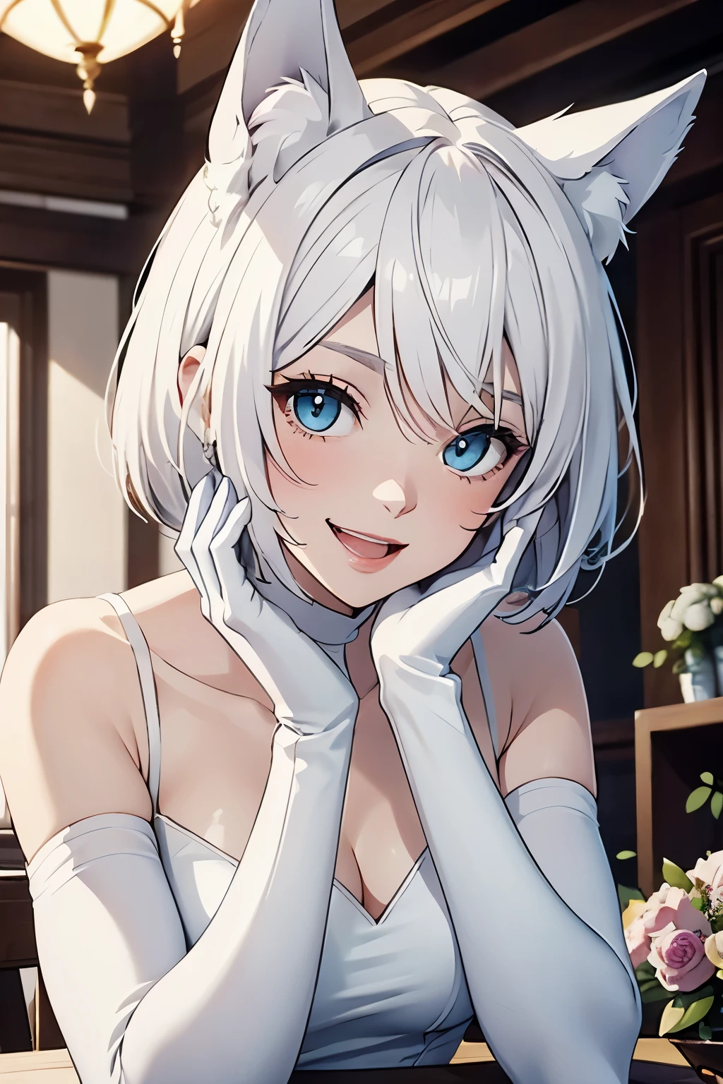 table top　High level image quality　best image quality　8k　 adult woman　portrait　white long gloves（elbow gloves）　white pantyhose　Wedding dress（No sleeve）　white wolf ears　short hair（（shortcut）（pure white hair）（perm）（fluffy））　eye color is blue　attractive face（（laughter）（smile）（open your mouth））　beautiful feet　