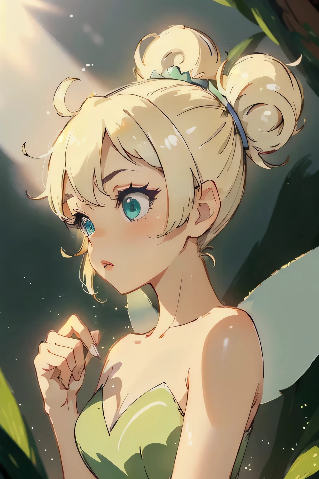 (masterpiece, best quality, high resolution:1.4), 1 little tinker bell, short ponytail, fairy wings, fairy outfit, angry, puffy cheeks, full-face blush, looking away, 