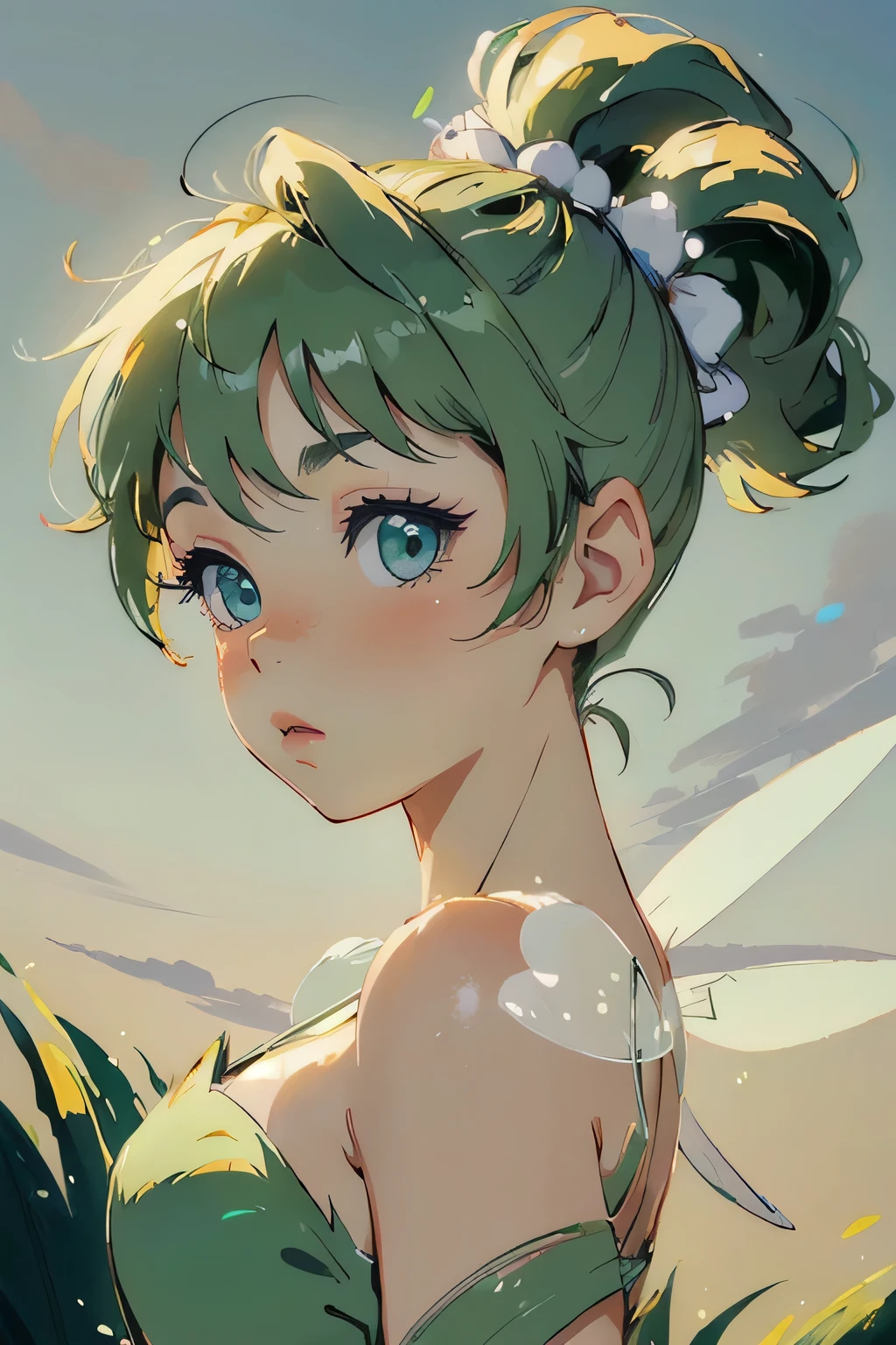 (masterpiece, best quality, high resolution:1.4), 1 little tinker bell, short ponytail, fairy wings, fairy outfit, angry, puffy cheeks, full-face blush, looking away, 