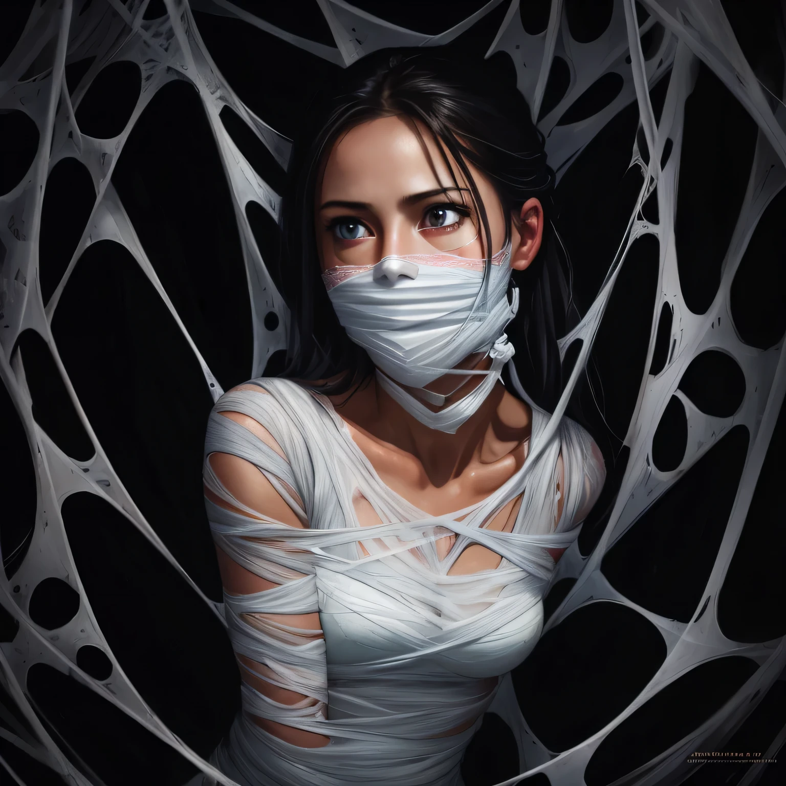 ing from the ceiling, dim lighting, dark atmosphere, oil painting style, vibrant colors, intense emotion. (best quality, highres, ultra-detailed, realistic:1.2), spiderweb, trapped, delicate facial features, fear in her eyes. half body visible,(gagged:1.4),