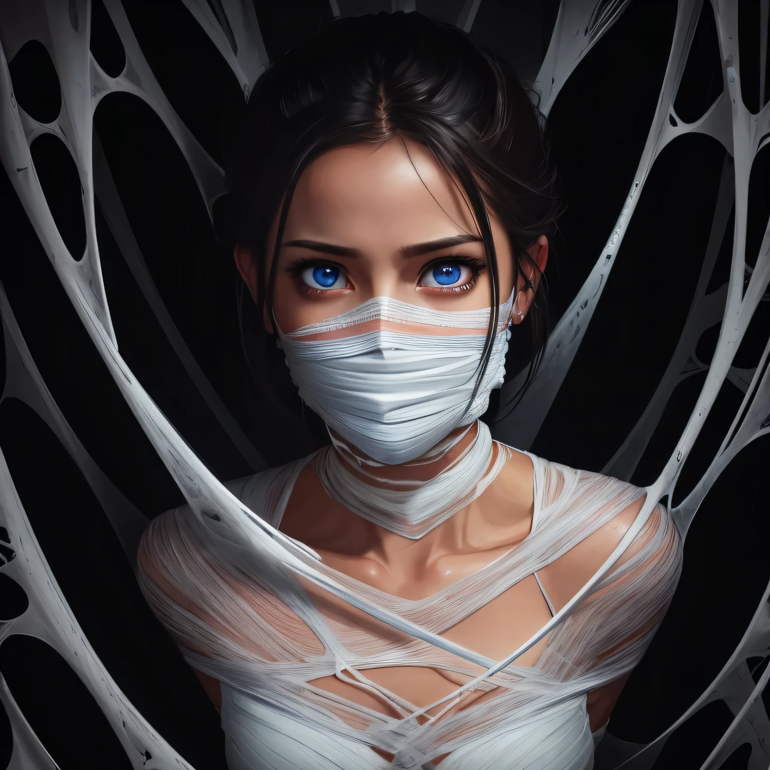 ing from the ceiling, dim lighting, dark atmosphere, oil painting style, vibrant colors, intense emotion. (best quality, highres, ultra-detailed, realistic:1.2), spiderweb, trapped, delicate facial features, fear in her eyes. half body visible,(gagged:1.4),