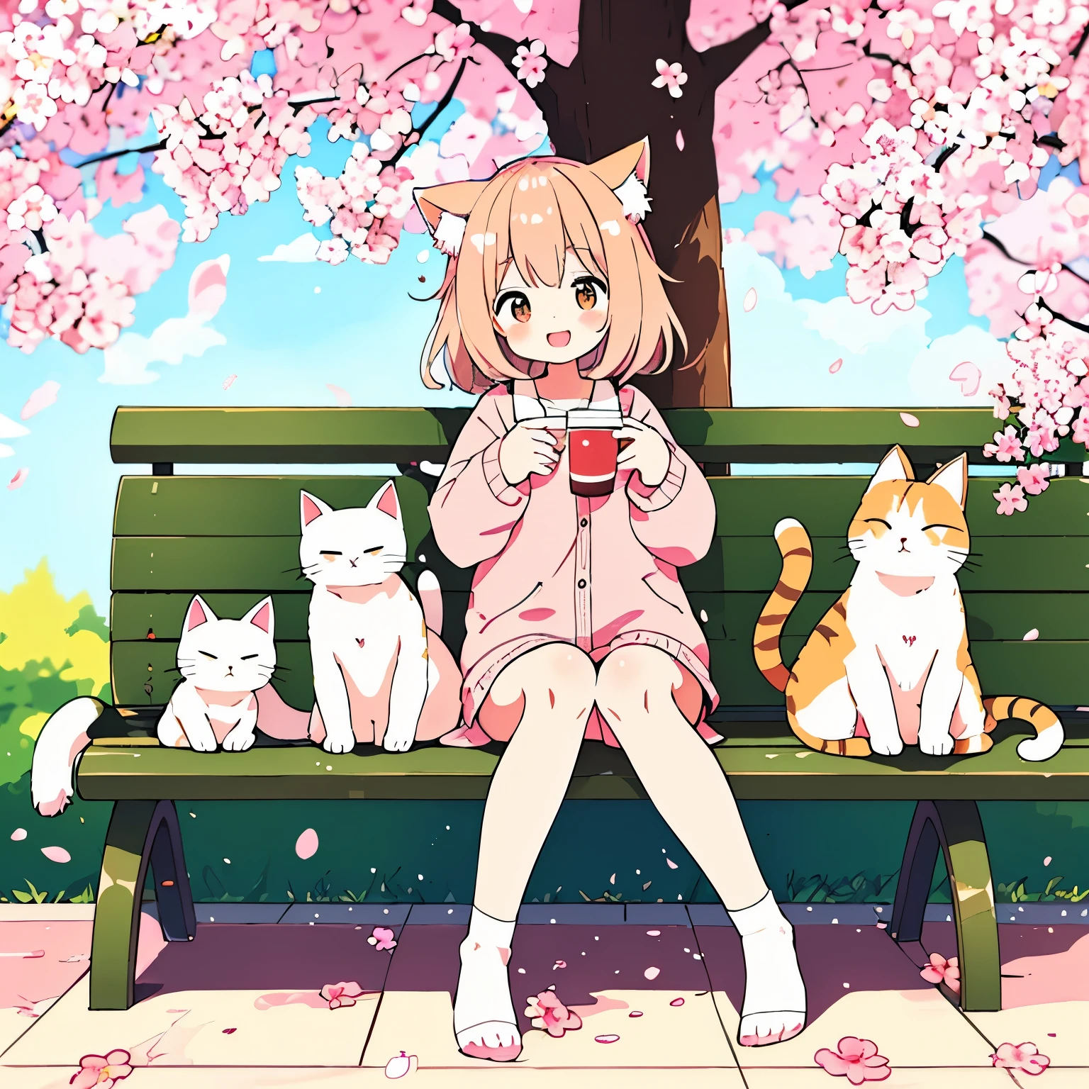 満開のfleurs de cerisier、Assis sur un banc avec un chat et buvant du café, dans un style animé, Fille anime avec des oreilles de chat, chat mignon、Complètement nu、fleurs de cerisier、、Écarter les jambes、Un grand sourire