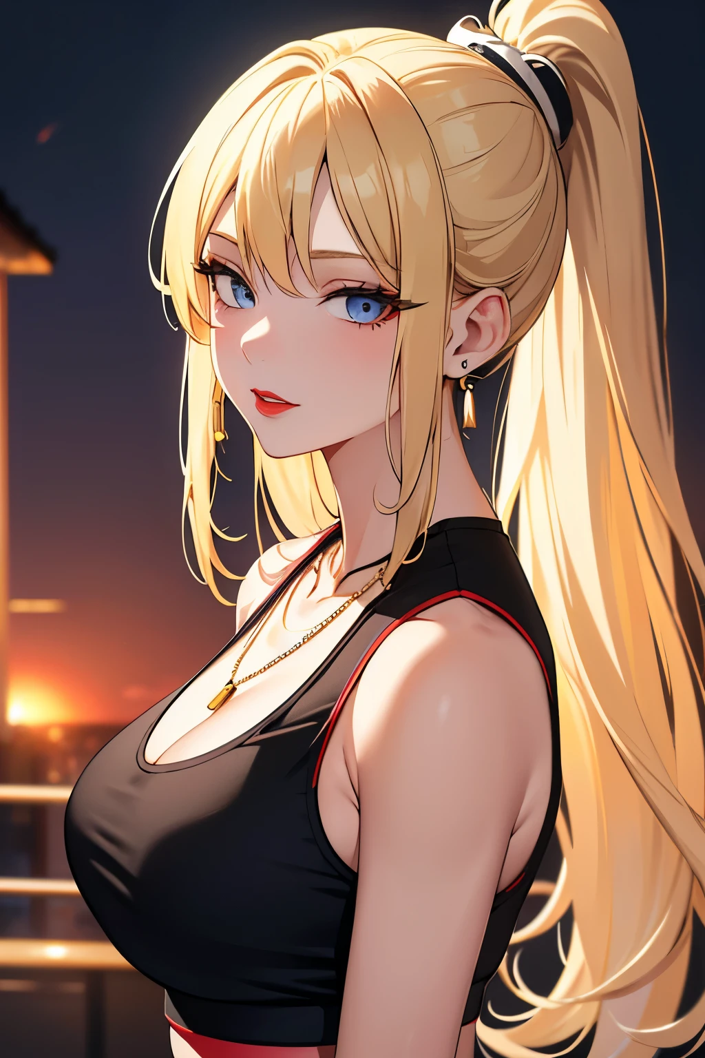 (masterpiece), best quality, expressive eyes, perfect face, blonde hair, blue eyes, yellow_earrings, necklace , mature woman (27 years old), Red lipstick, medium breasts, medium legs, peircings, bangs, tsurime Eyes ,background sunset, ponytail, soft lighting, light makeup,, smille, gym outfit (black and white)
