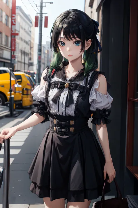 jirai kei fashion、Wearing a black skirt、Ｅcup、hair is green、black ribbon
