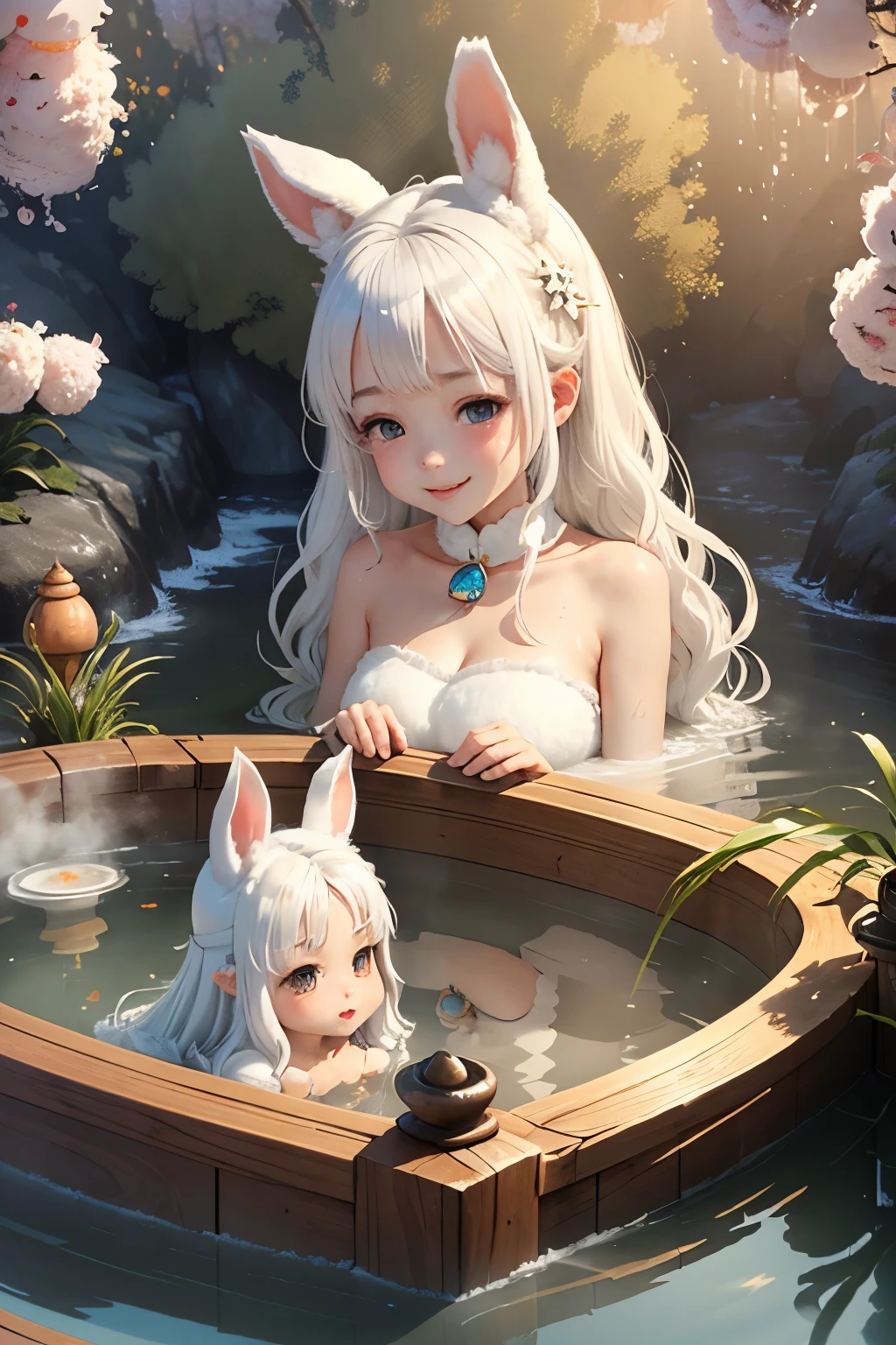 masterpiece、high quality、high resolution、High resolution、genuine、3D、two girls、sisters、white hair、(white rabbit&animal ears)、fluffy ears、small ears、rabbit girl、fluffy fur、Carrot、bath towel、roll、((hot spring))、(((vapor)))、Sweat、sit、smile