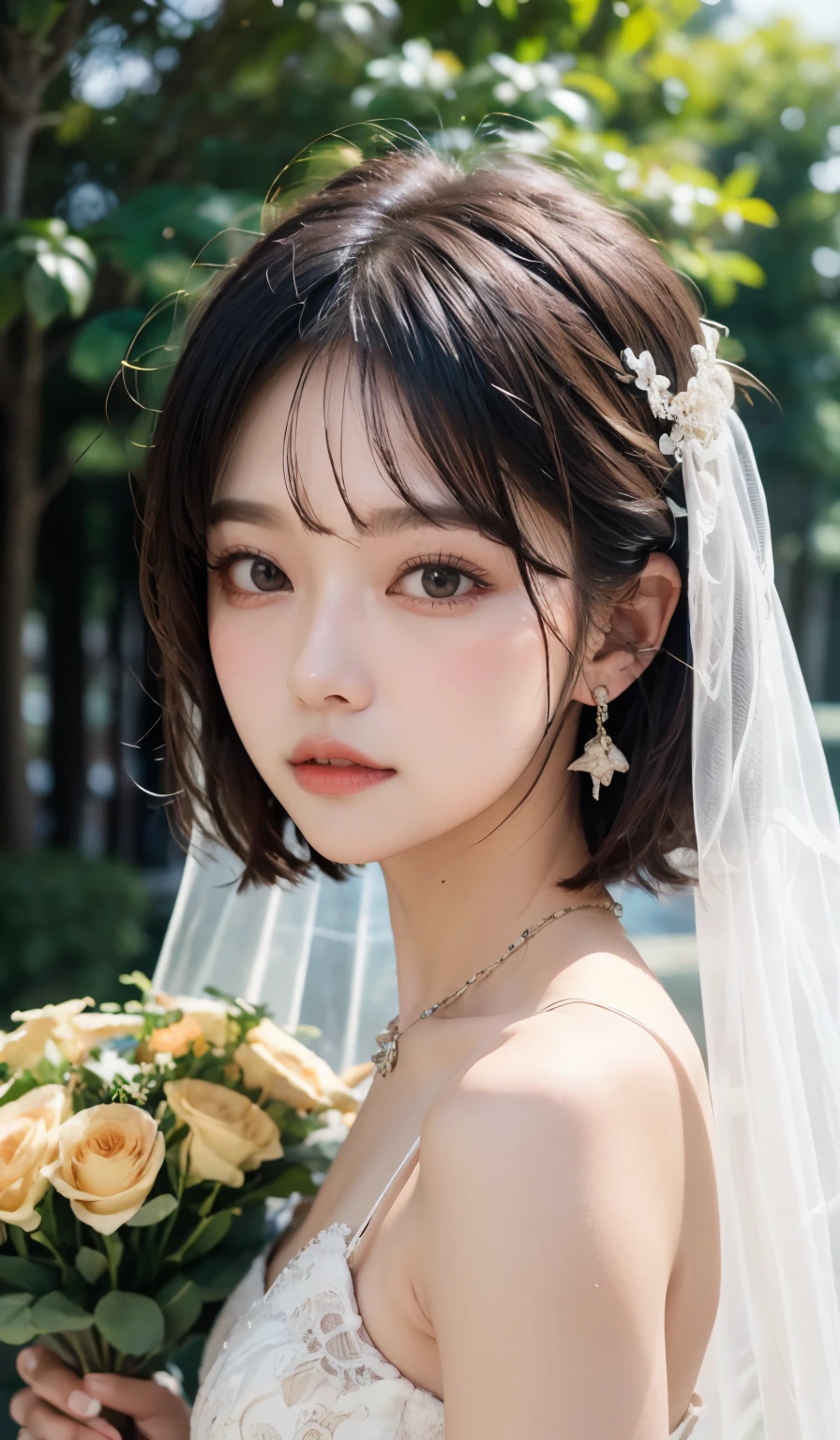 ((la plus haute qualité))、((chef-d&#39;œuvre))、Femme asiatique Arafed avec collier, Photos prises par d&#39;autres en 8k, aux cheveux courts, Ulzzang, 🤤 portrait de fille, Jolie fille - visage soigné, Joli portrait réaliste, jeune visage coréen adorable, Style 3D animé réaliste, Rendu portrait en 8k, Fille coréenne, 8k)), joli visage d&#39;anime naturel, Portrait doux 8K、frange bien soignée、des boucles d&#39;oreilles、heureux、robe de mariée、Style de mariage、Mariée、bouquet、((voile))、Le fond est une forêt、chacun sous un angle différent、face latérale du centre commercial))