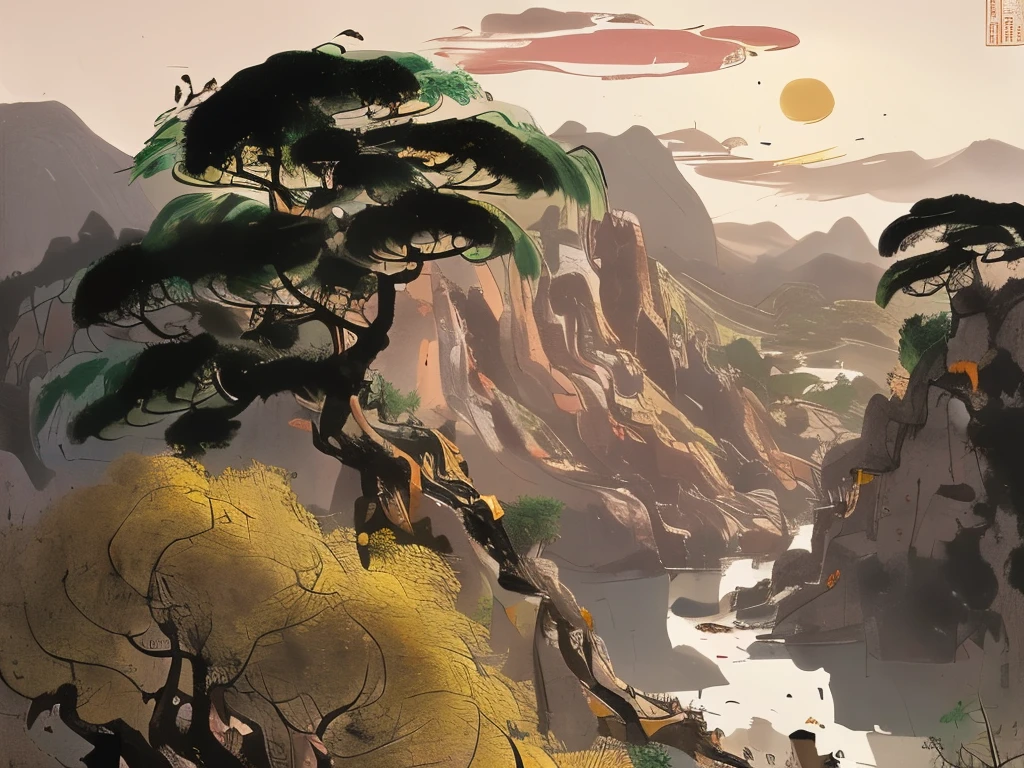 Wu Guanzhongs Stil, ein großartiges Gemälde eines tiefen Tals, Ein Fluss schlängelt sich steile Klippen hinunter, im Süden Frankreichs, dichte Vegetation mit kleinen Bäumen, Gräser, Blumen, und eine Ziege, ein paar Wolken, sun, früher Morgen, wu_line