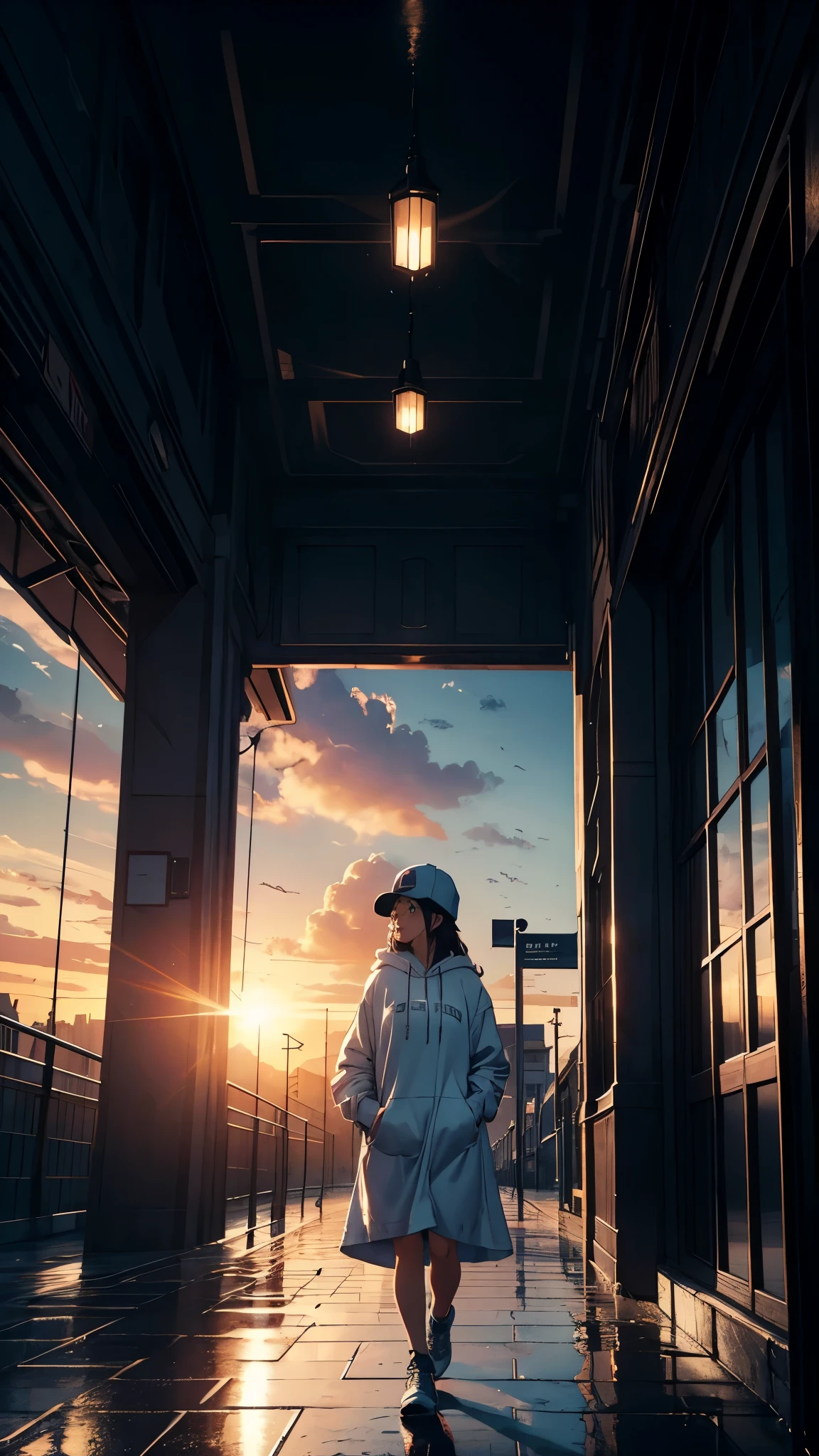 cinematic artwork of a woman walking alone, (she is looking up:1, wearing a hoodie, wearing a sports hat, laughing, hands in the pocket, professional image), cinematic atmosphere, semi-realistic, [:(perfect face, expressive face,expressive eyes):8], detailed textures, uhd, reflections, low angle, at the sunset, hair in the wind, breathtaking, alone, solitude, relaxed atmosphere, cozy, (freedom feeling), gorgeous sky, dynamic angle, wet floor. volumetric clouds, upper body shot, 8k, masterpiece, anime masterwork, wallpaer, award winner,
