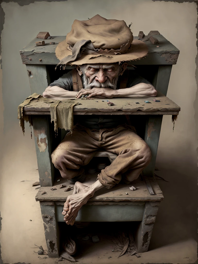 An old tramp sits on the table and shits under himself