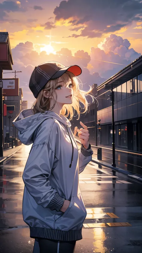cinematic artwork of a woman walking alone, (she is looking up:1.3, wearing a hoodie, wearing a sports hat, laughing, hands in t...