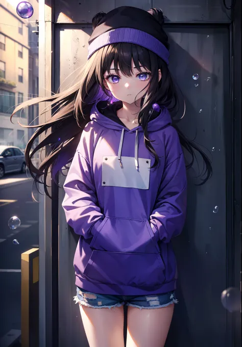 Takiuchi Kame, check it out, long hair, bangs, black hair, (purple eyes:1.2),Blue hoodie,knit hat,headphones　around neck,hands i...