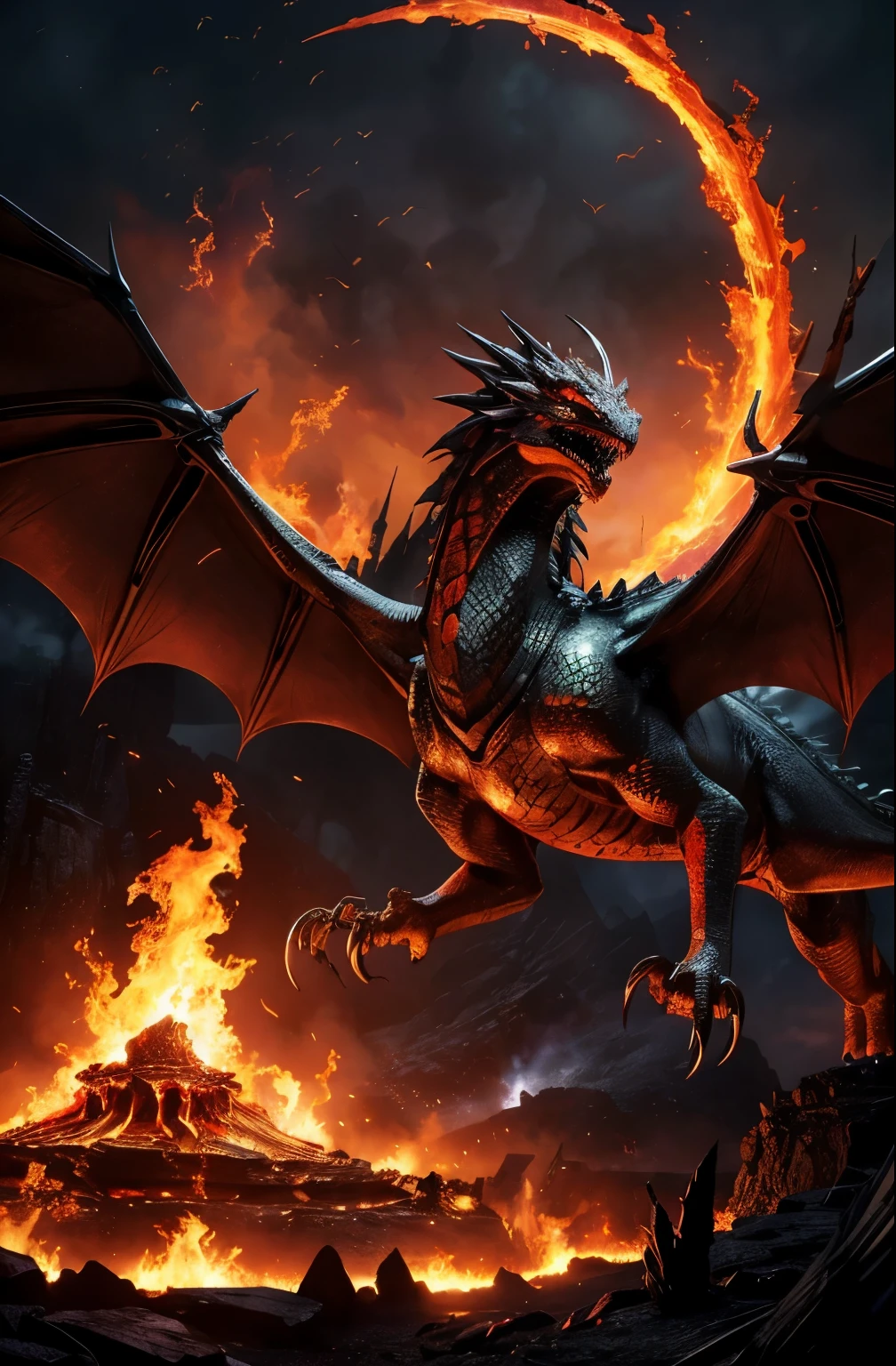 A dragon flying over a fire filled field with flames - SeaArt AI