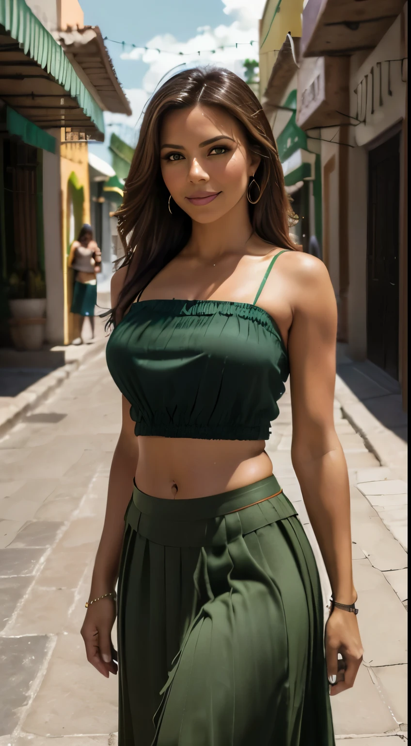 エヴァ・ロンゴリアの超現実的なクローズアップ写真,  傑作, 最高品質, (写実的な:1.4), (緑のメキシコの伝統的なマキシスカート:1.2), (ストラップ付きの緑のメキシコの伝統的なブラウス:1.2), メキシコの都市市場, 映画のような光, きれいな女性, スキニー, 中くらいの胸, ストレートな茶色の髪, 詳細な顔, 笑顔, 遠くから撮った写真, 20歳涙目
