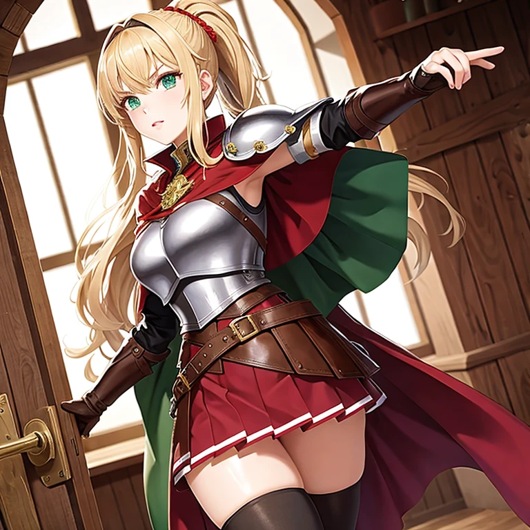 (masterpiece, best quality:1.2), 1girl, solo, blonde eyebrows, bangs, ponytail, green eyes, knight, skirt, thigh highs, armor, red cape, hair between eyes, braid, long hair