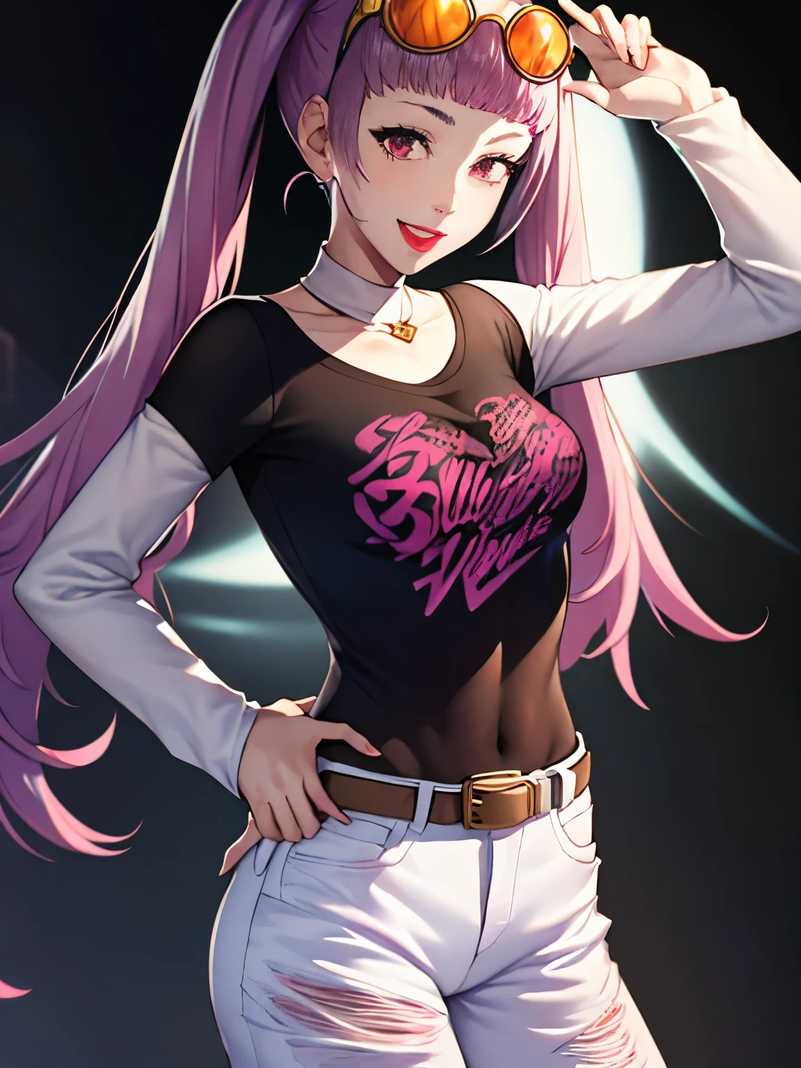 Hilda Valentim Goneril ,sorriso, twintails, 1 garota, Sozinho, de pé, camiseta preta, camisa branca, jeans, cinto, batom, óculos na cabeça,