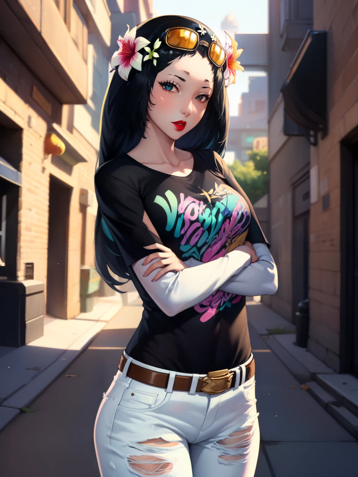 defRhea, headdress, hair flower, 1girl, solo, standing, black t-shirt, white shirt, jeans, belt, lipstick, eyewear on head,