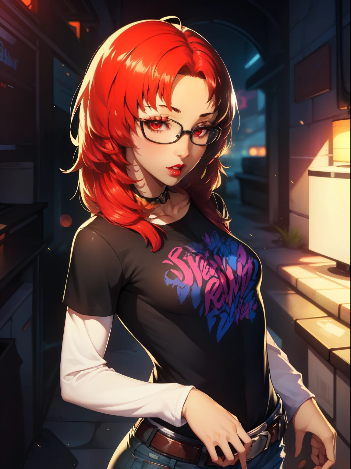 defHapi, red hair, red eyes, glossy lips ,1girl, solo, standing, black t-shirt, white shirt, jeans, belt, lipstick, eyewear on head,
