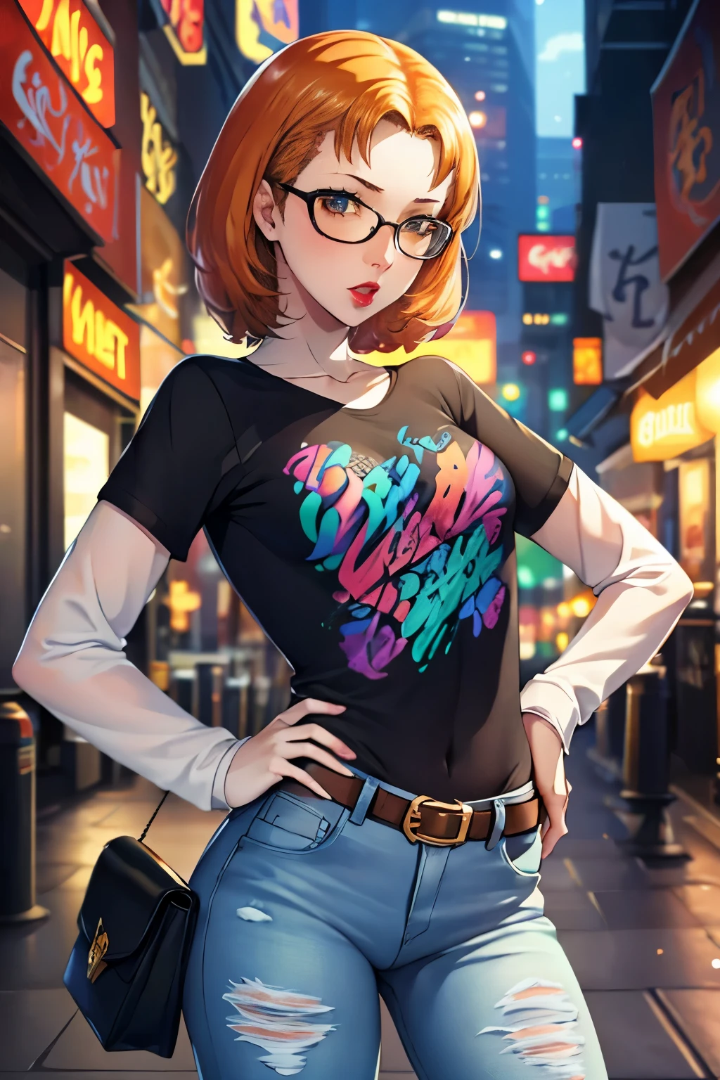 annette_war ,glossy lips, light makeup ,orange hair ,1girl, solo, standing, black t-shirt, white shirt, jeans, belt, lipstick, eyewear on head,
